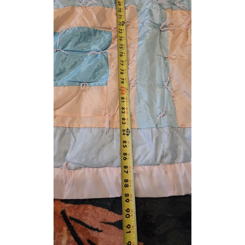 Vintage Handmade Quilt 72x89 Retro Nylon Silky Material Pastel Patchwork Blanket